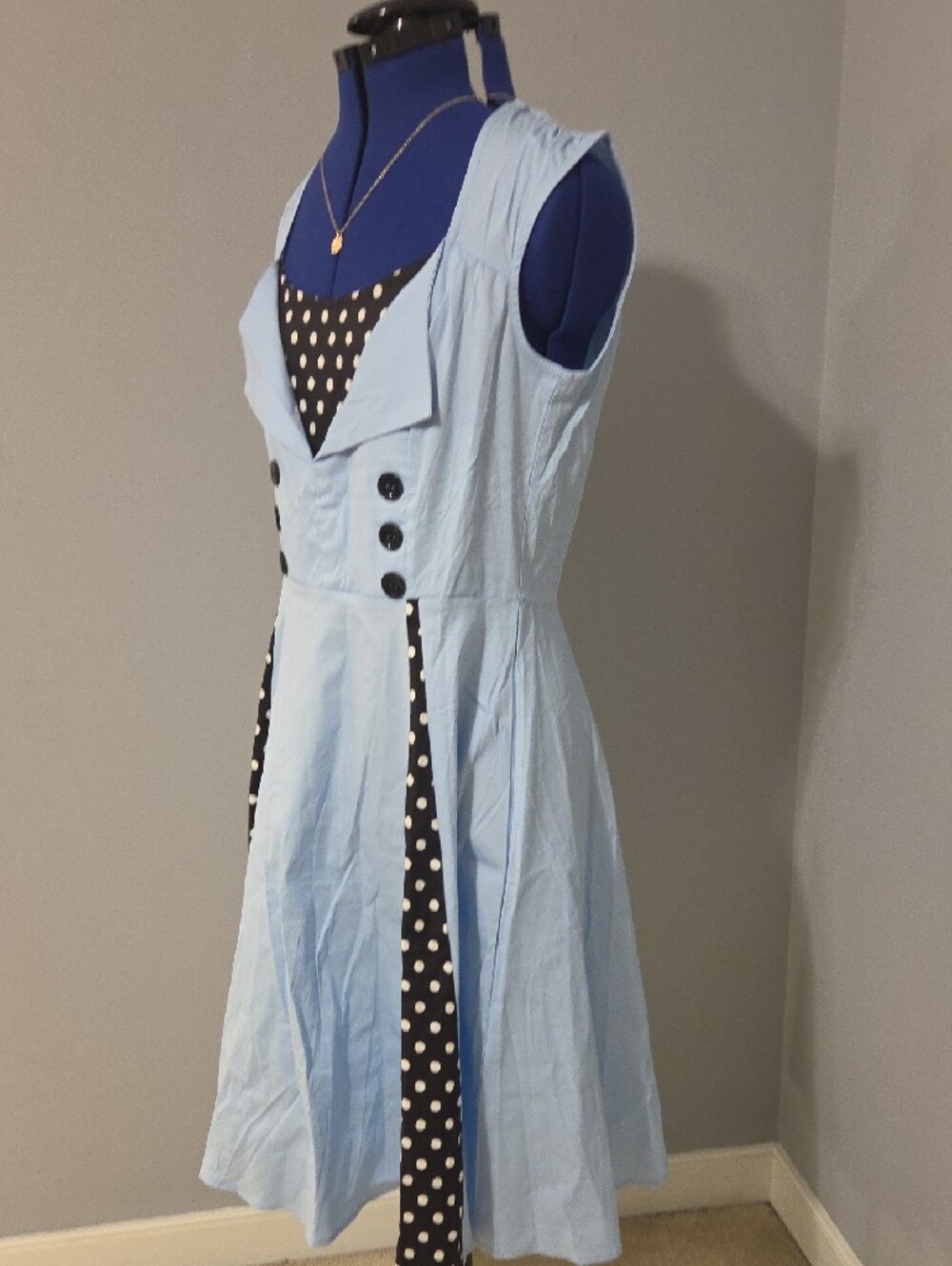 Light Blue Sleeveless Midi Dress with Black Polka Dot Insets - Picture 3 of 6